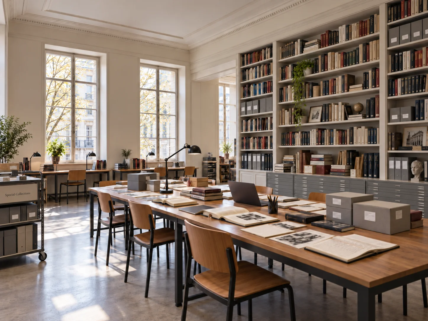 Sala de consulta con libros, documentos y cajas de archivo sobre mesas de trabajo